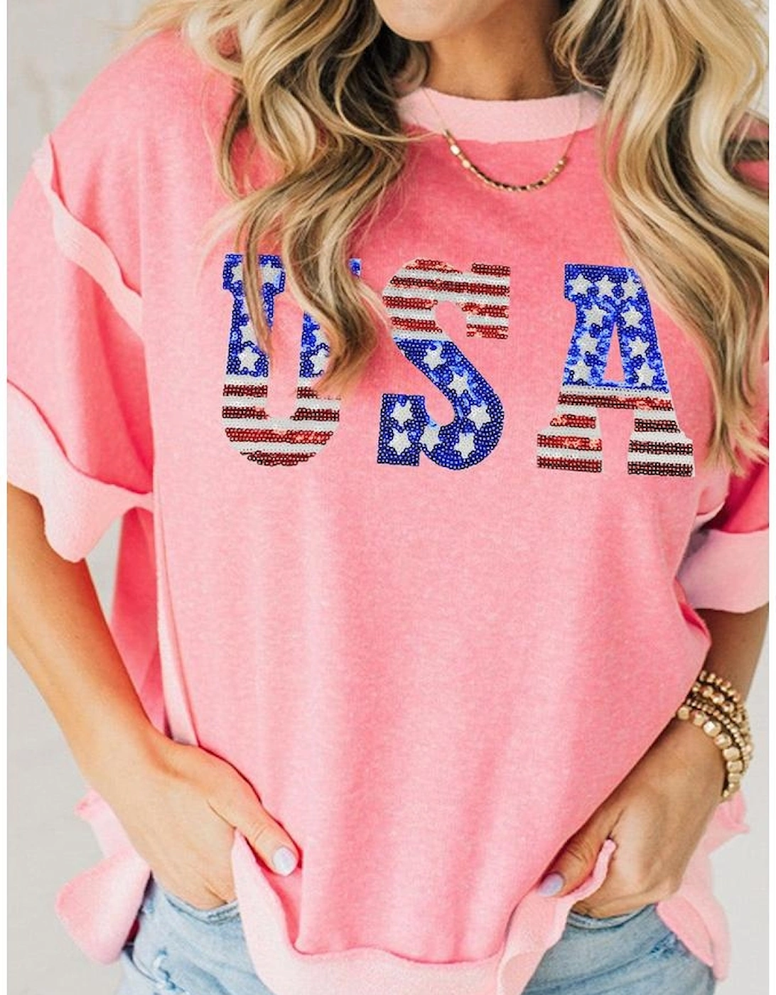Peach Blossom USA Color Block High Low Crew Neck T Shirt