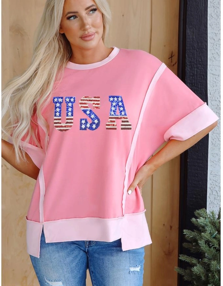 Peach Blossom USA Color Block High Low Crew Neck T Shirt