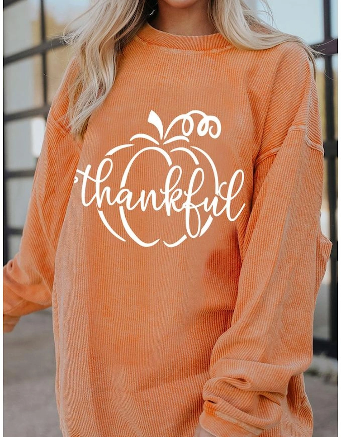 Orange Pumpkin thankful Graphic Corded Thanksgiving Sweatshirt