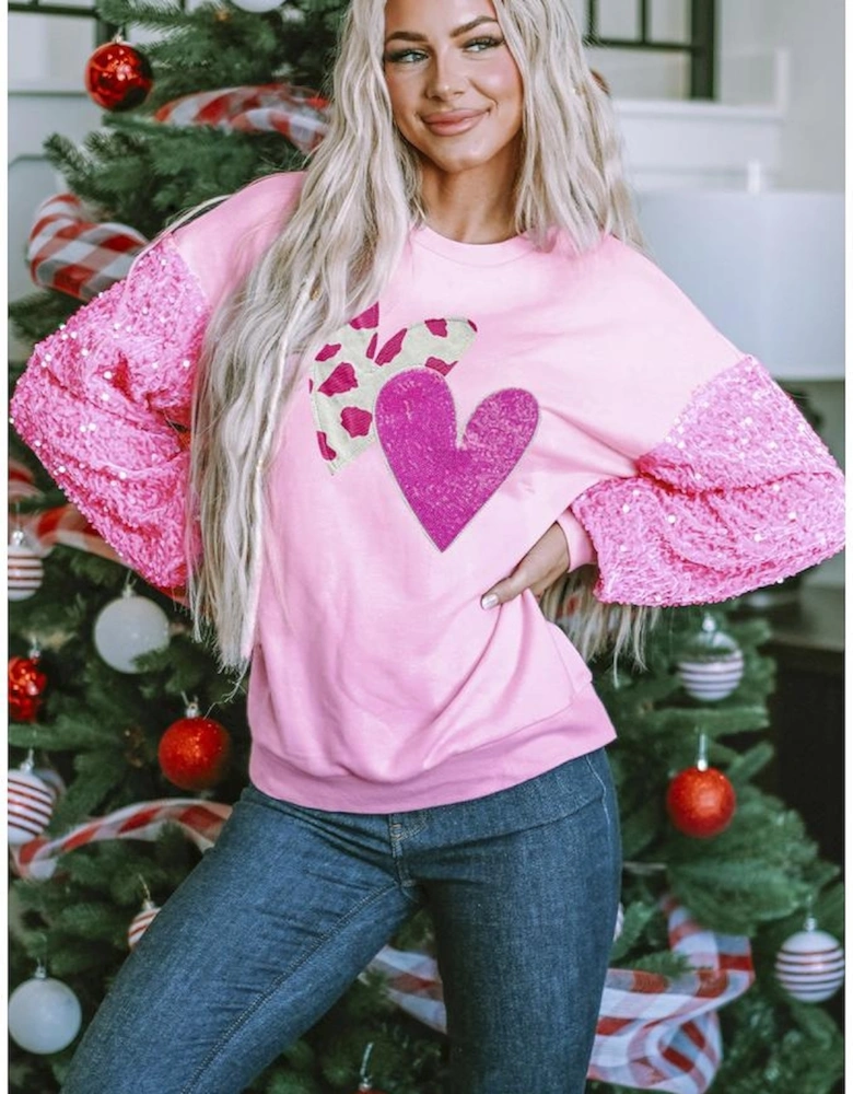 Pink Valentines Heart Graphic Sequin Patchwork Long Sleeve Top