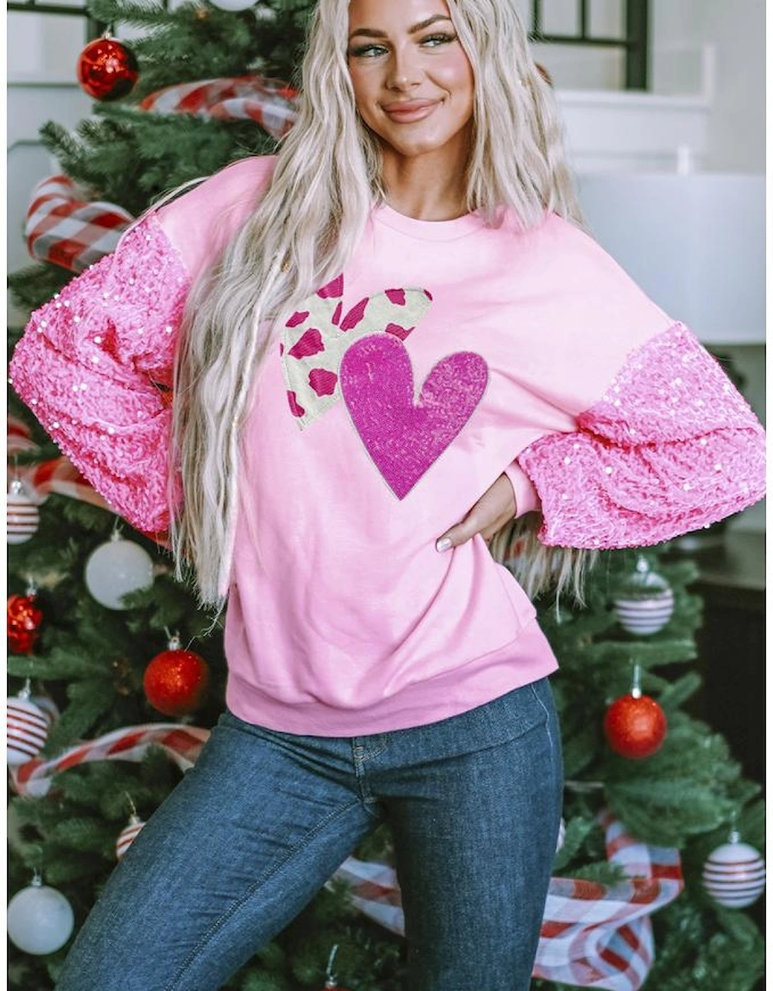 Pink Valentines Heart Graphic Sequin Patchwork Long Sleeve Top