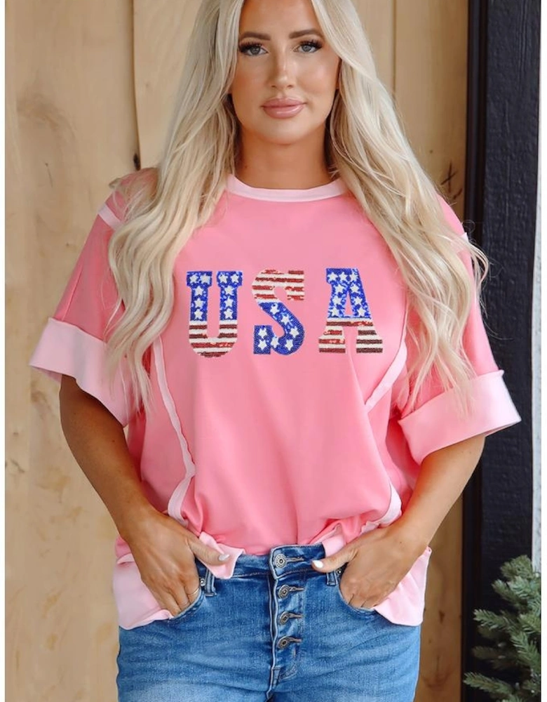 Peach Blossom USA Color Block High Low Crew Neck T Shirt