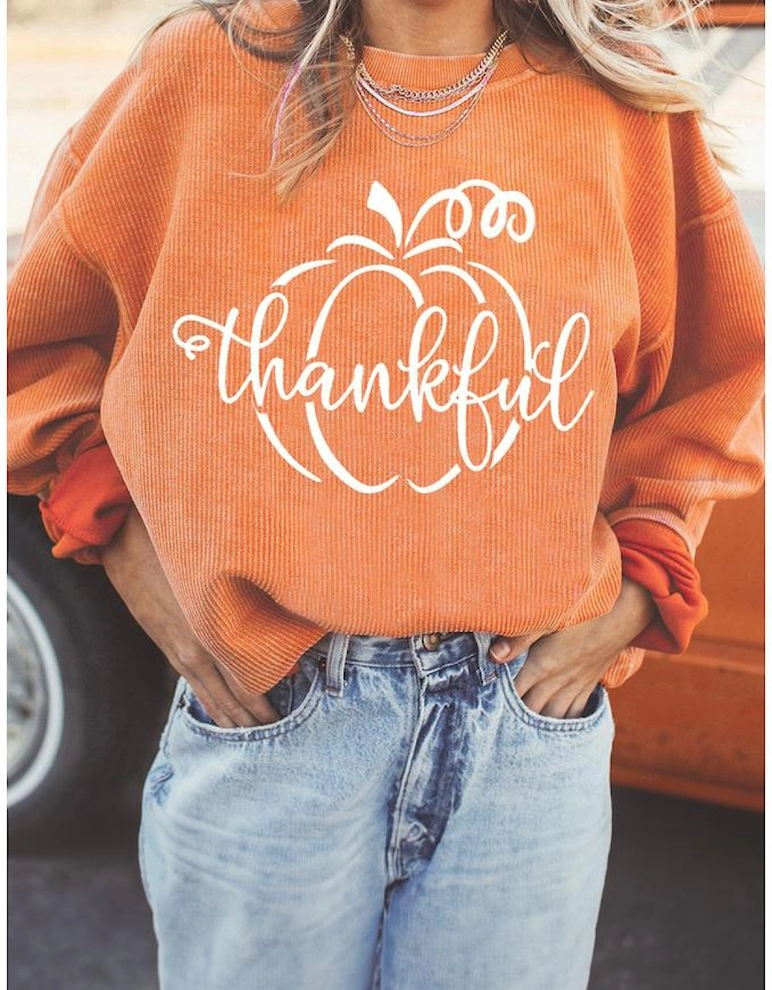 Orange Pumpkin thankful Graphic Corded Thanksgiving Sweatshirt