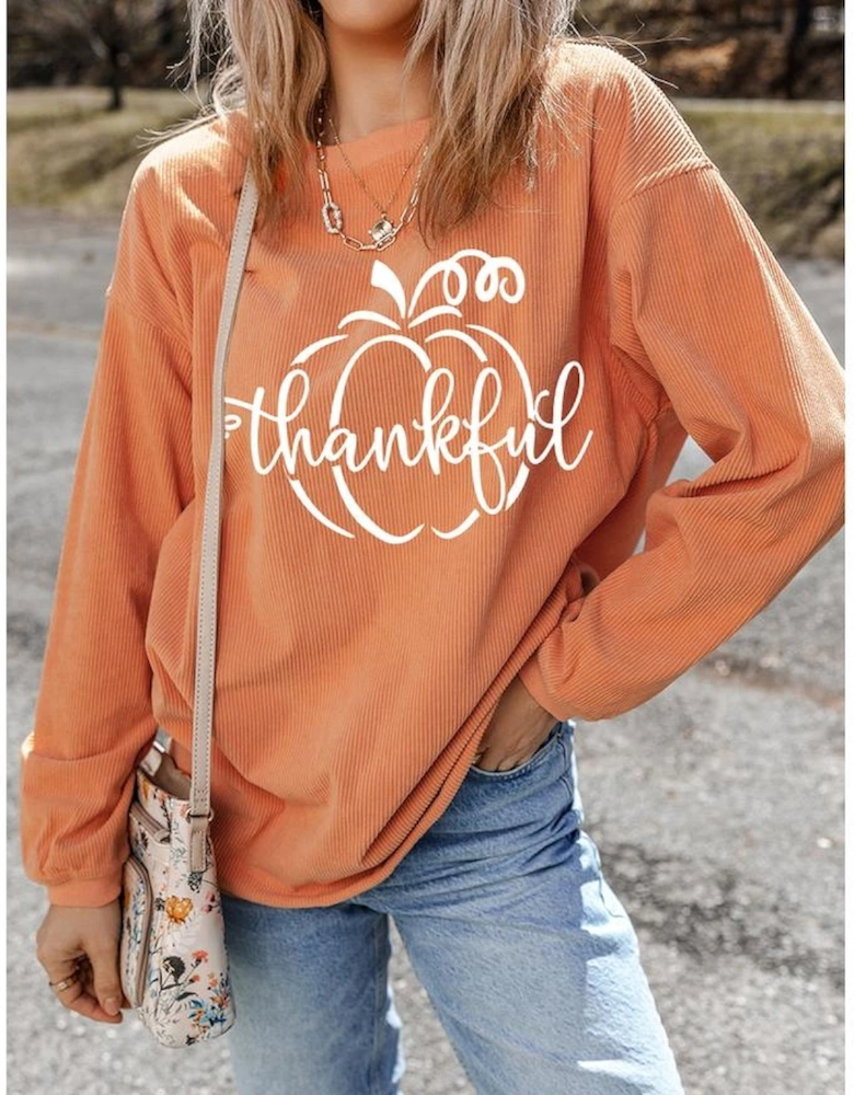 Orange Pumpkin thankful Graphic Corded Thanksgiving Sweatshirt