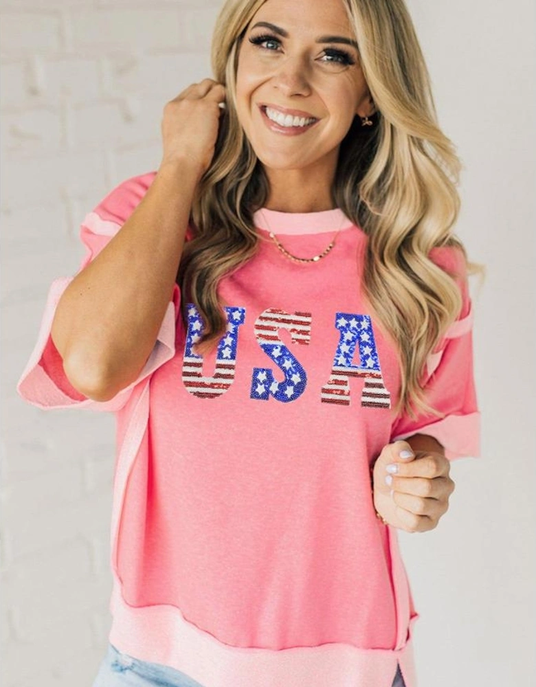 Peach Blossom USA Color Block High Low Crew Neck T Shirt
