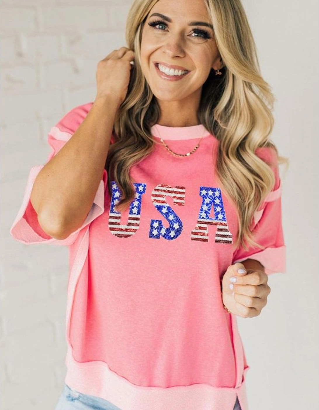 Peach Blossom USA Color Block High Low Crew Neck T Shirt