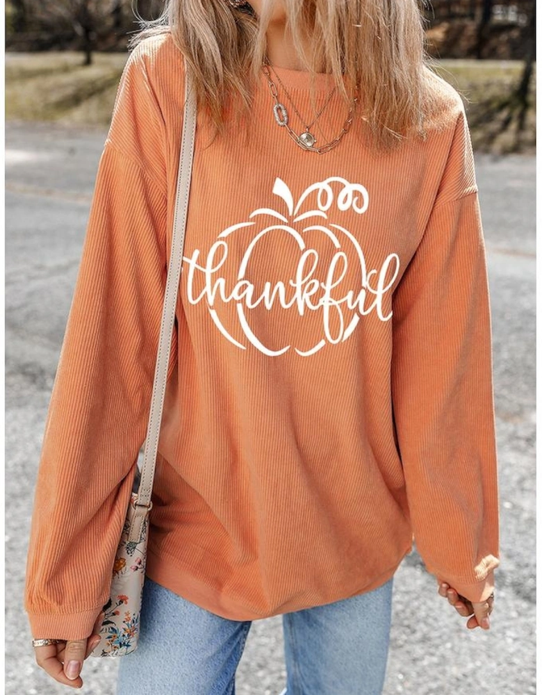 Orange Pumpkin thankful Graphic Corded Thanksgiving Sweatshirt