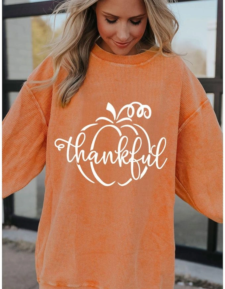 Orange Pumpkin thankful Graphic Corded Thanksgiving Sweatshirt