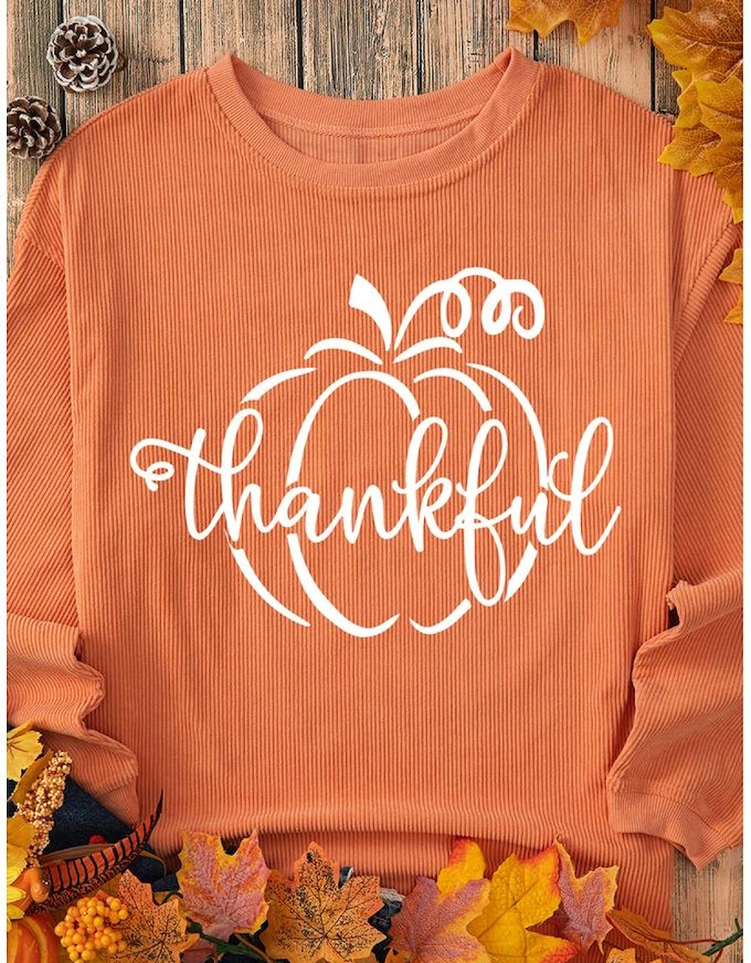 Orange Pumpkin thankful Graphic Corded Thanksgiving Sweatshirt