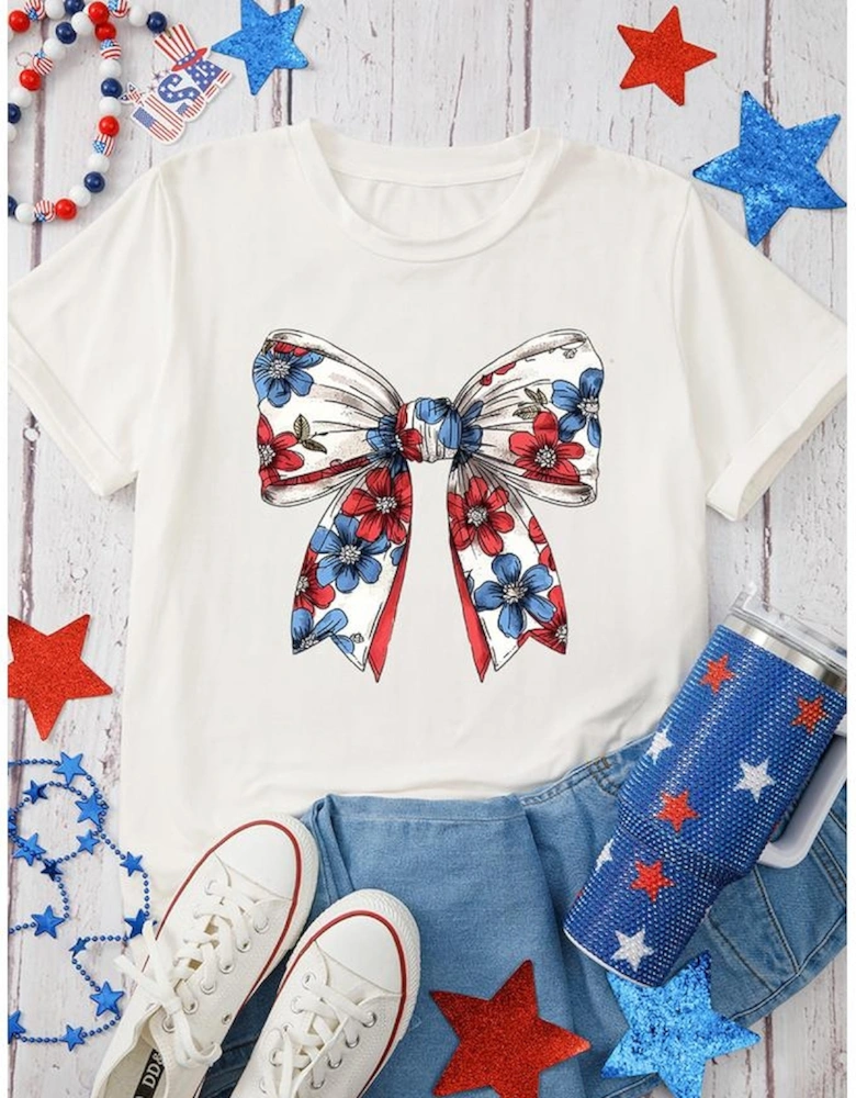 White July 4th Flower Bowknot Print Crew Neck T Shirt