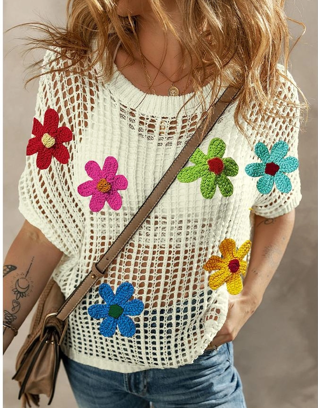 White Crochet Flower Hollow-out Sweater T Shirt