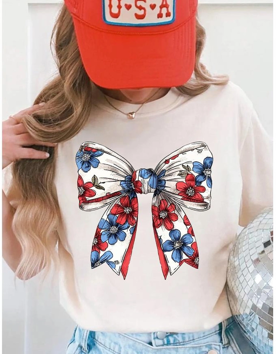 White July 4th Flower Bowknot Print Crew Neck T Shirt