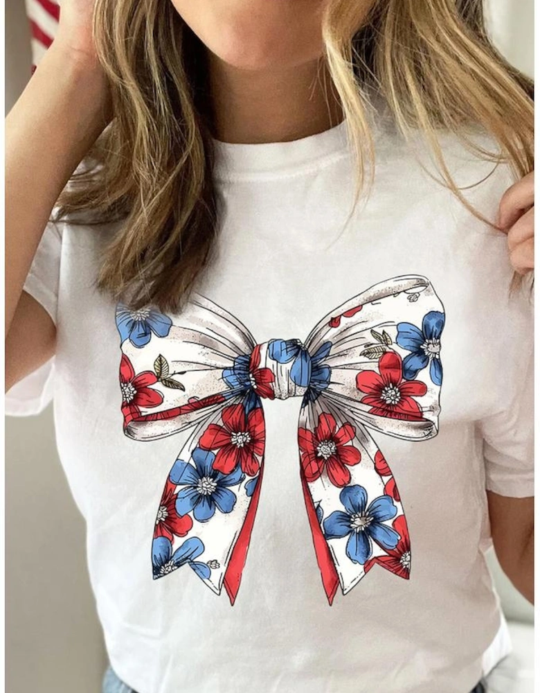 White July 4th Flower Bowknot Print Crew Neck T Shirt