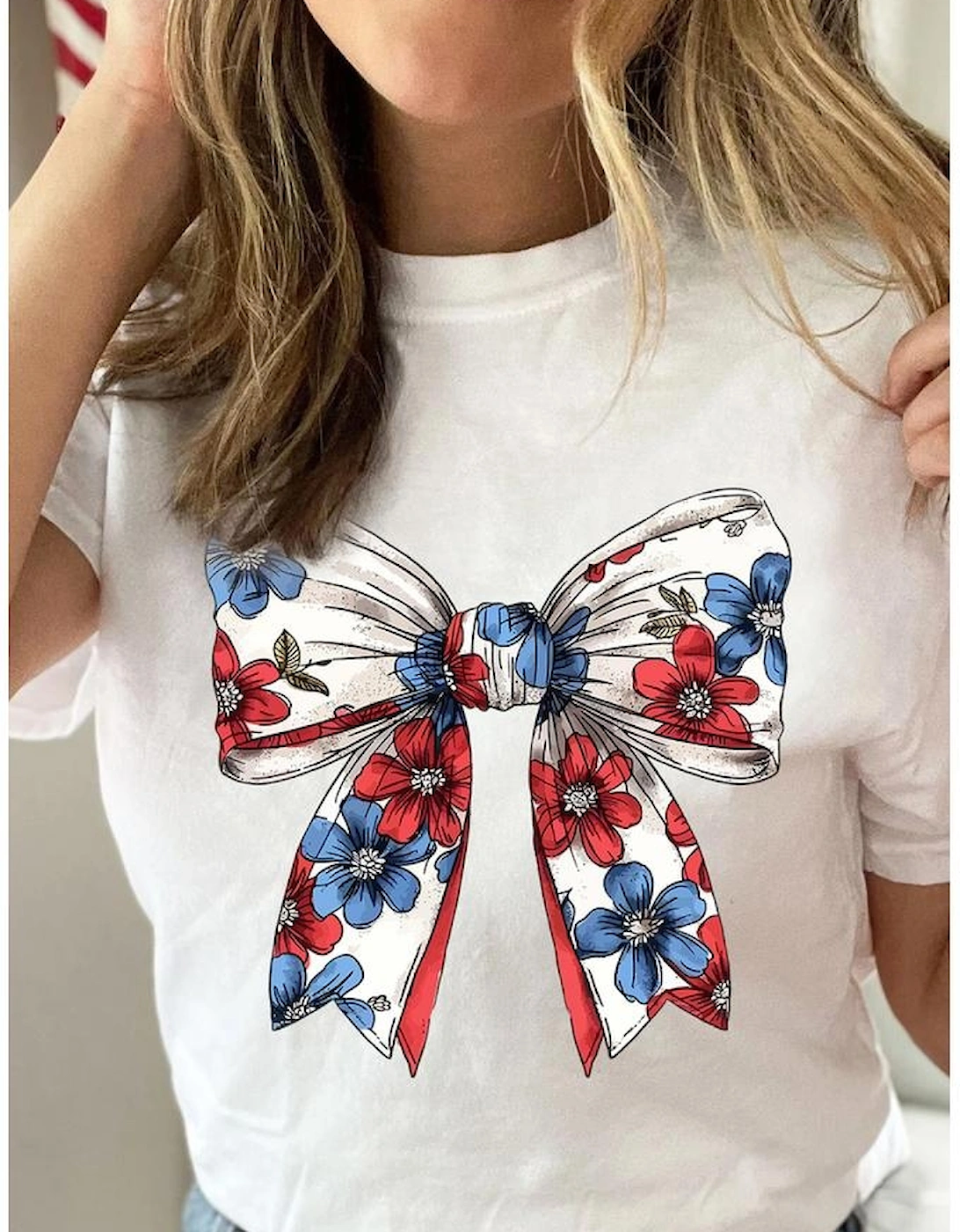 White July 4th Flower Bowknot Print Crew Neck T Shirt