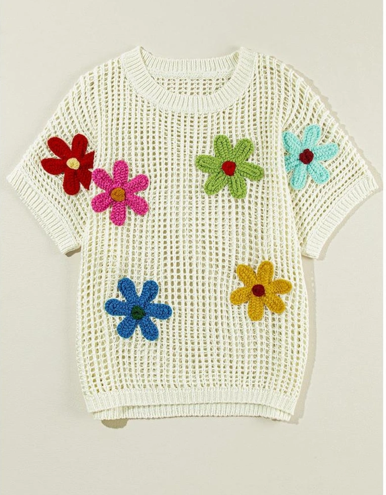 White Crochet Flower Hollow-out Sweater T Shirt