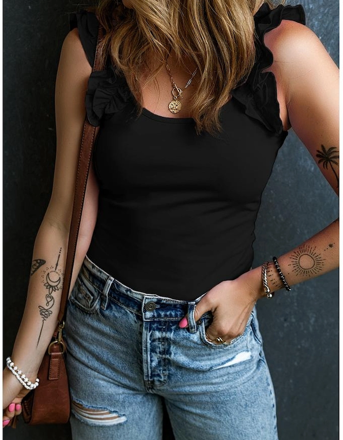 Black Ruffled Wide Straps Slim Tank Top