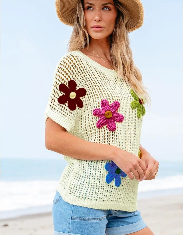 White Crochet Flower Hollow-out Sweater T Shirt
