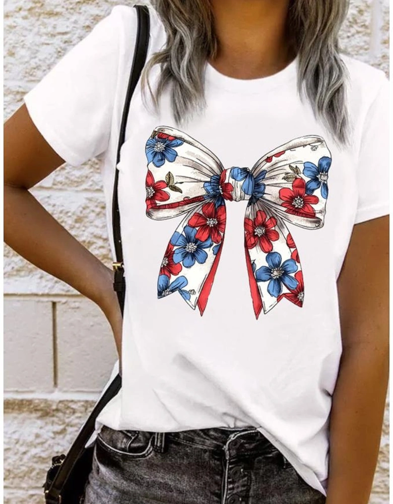 White July 4th Flower Bowknot Print Crew Neck T Shirt