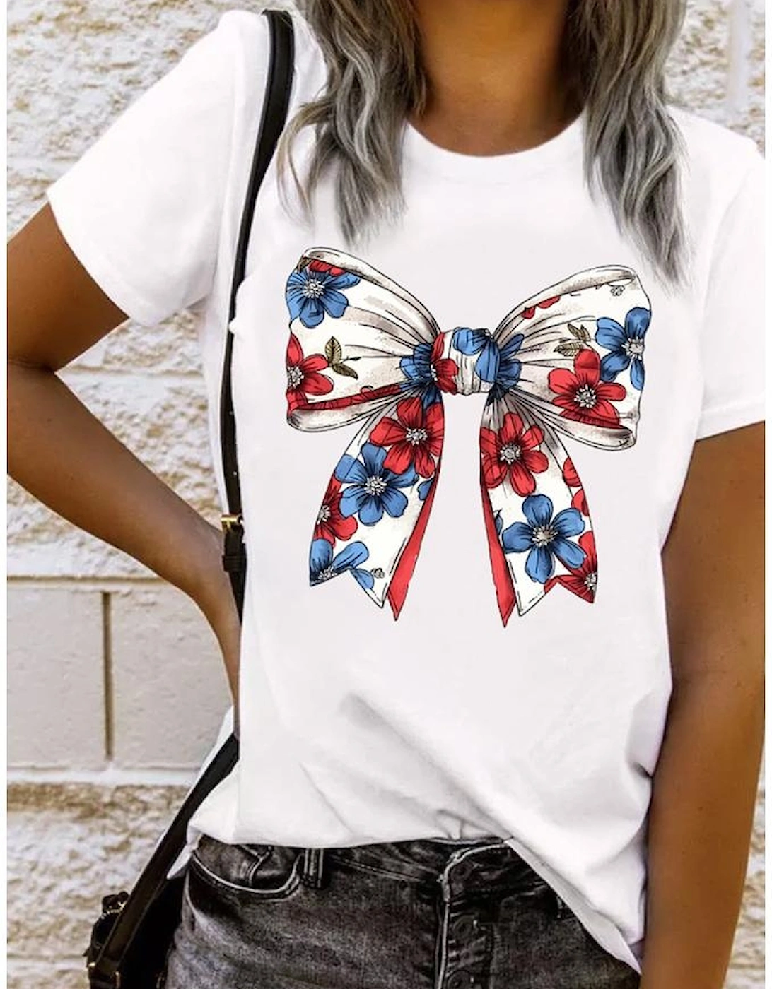 White July 4th Flower Bowknot Print Crew Neck T Shirt