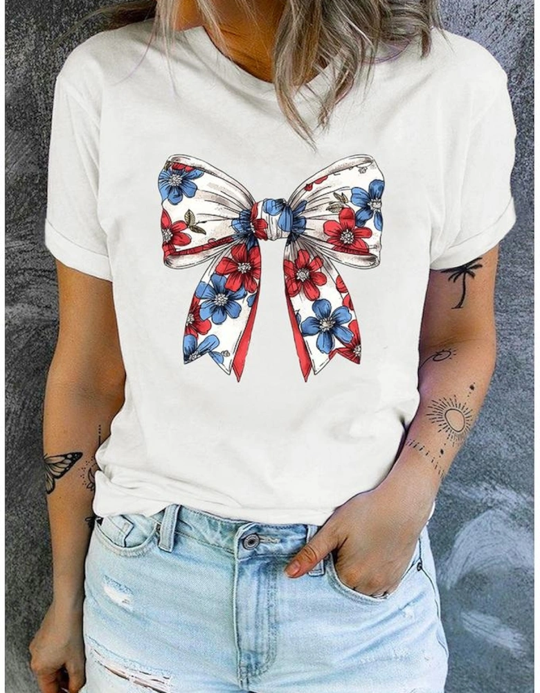 White July 4th Flower Bowknot Print Crew Neck T Shirt
