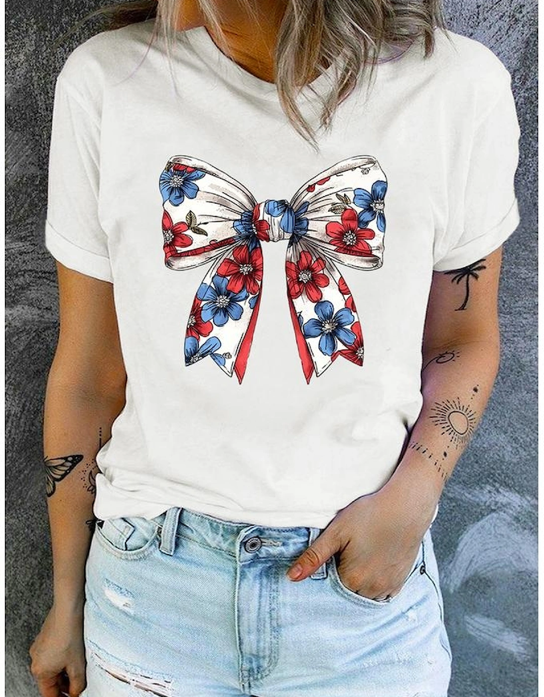 White July 4th Flower Bowknot Print Crew Neck T Shirt