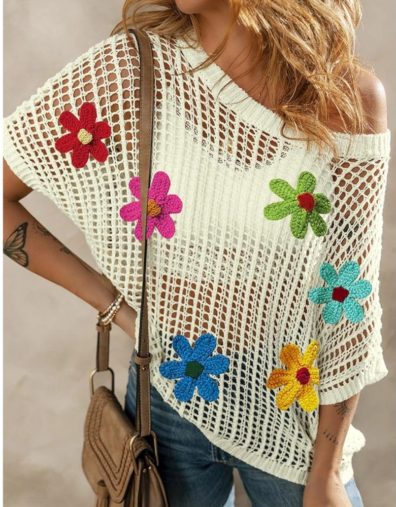White Crochet Flower Hollow-out Sweater T Shirt