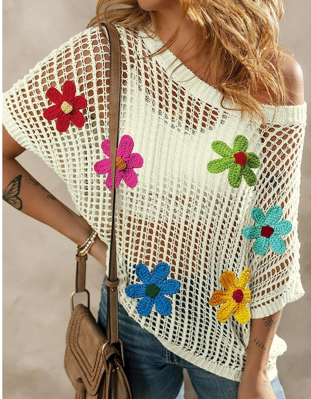 White Crochet Flower Hollow-out Sweater T Shirt