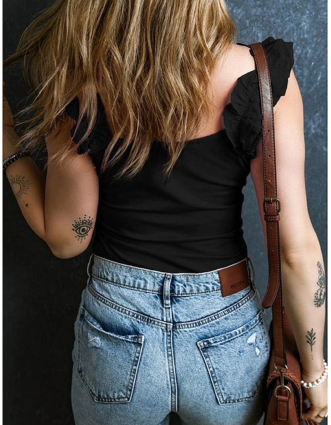 Black Ruffled Wide Straps Slim Tank Top