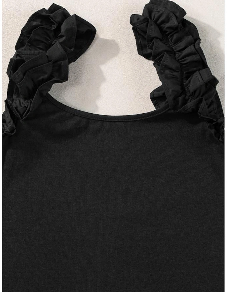 Black Ruffled Wide Straps Slim Tank Top