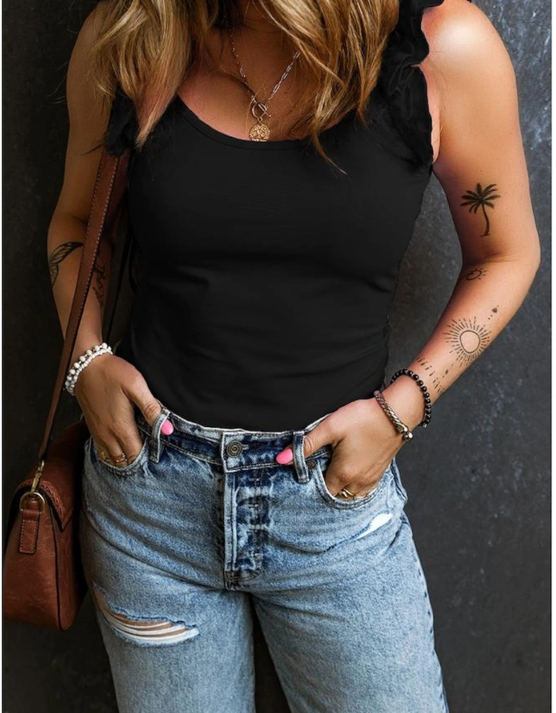 Black Ruffled Wide Straps Slim Tank Top