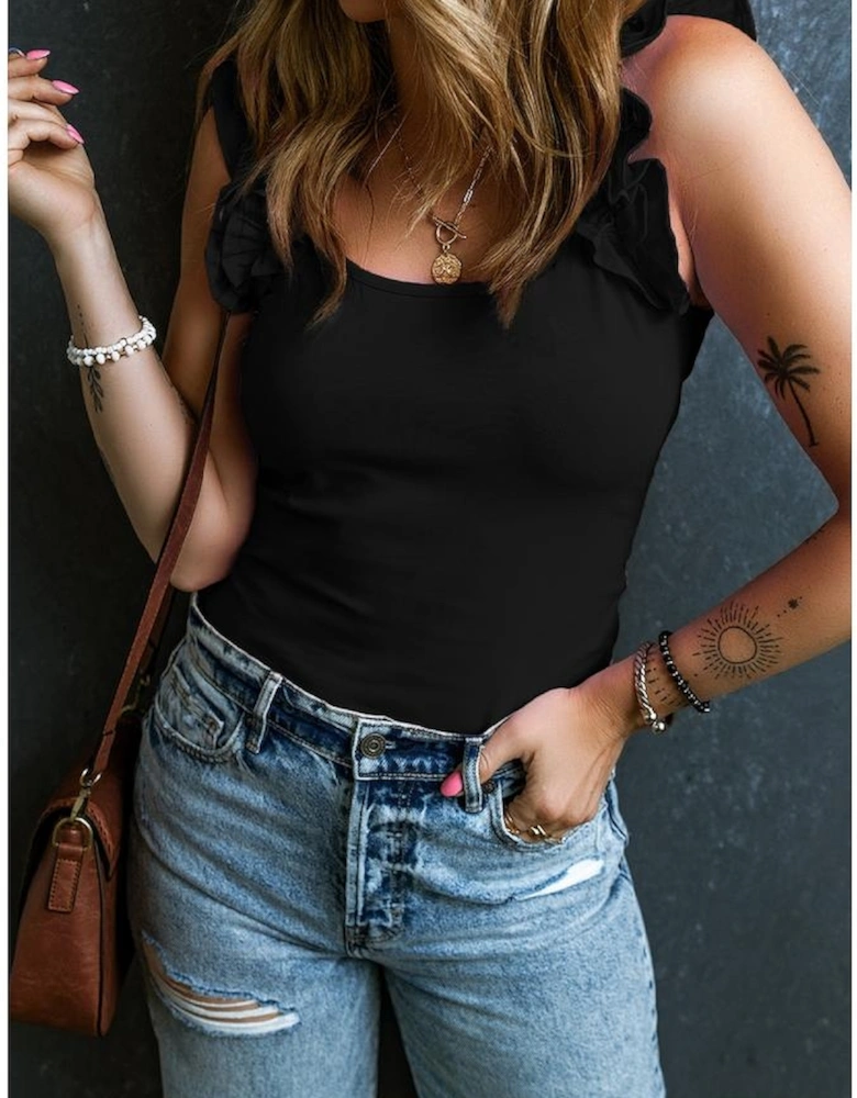 Black Ruffled Wide Straps Slim Tank Top