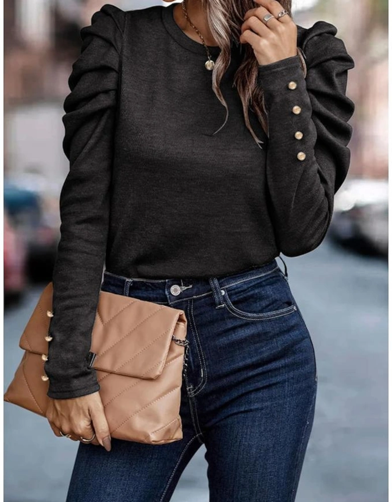 Black Buttoned Puff Long Sleeve Sheath Top