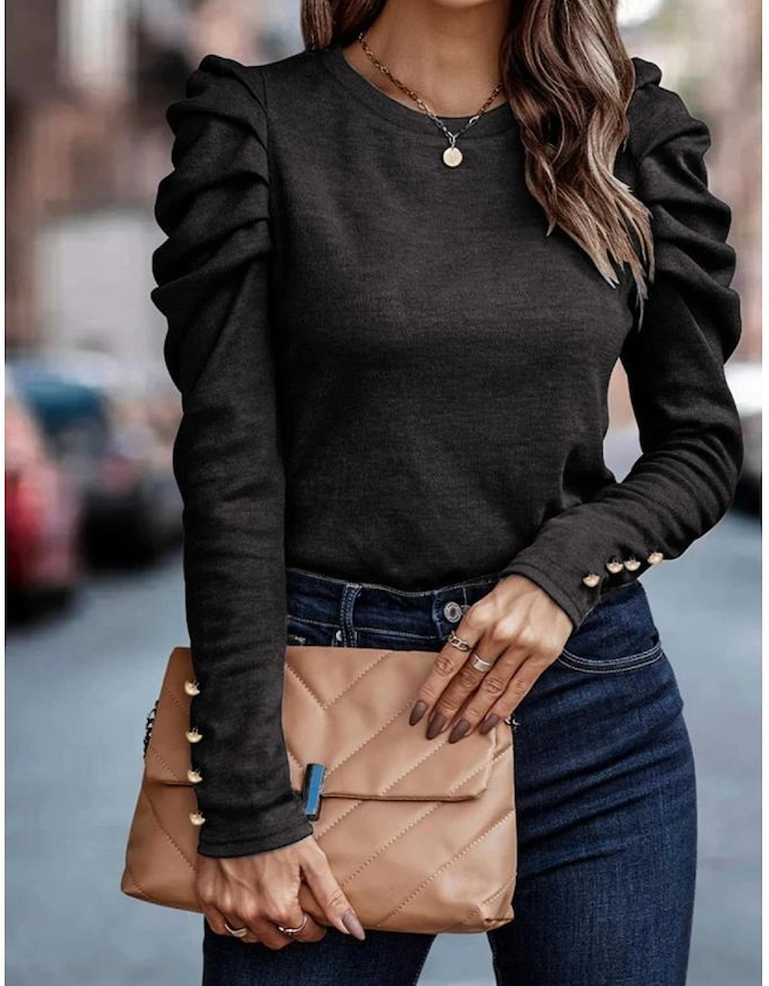 Black Buttoned Puff Long Sleeve Sheath Top