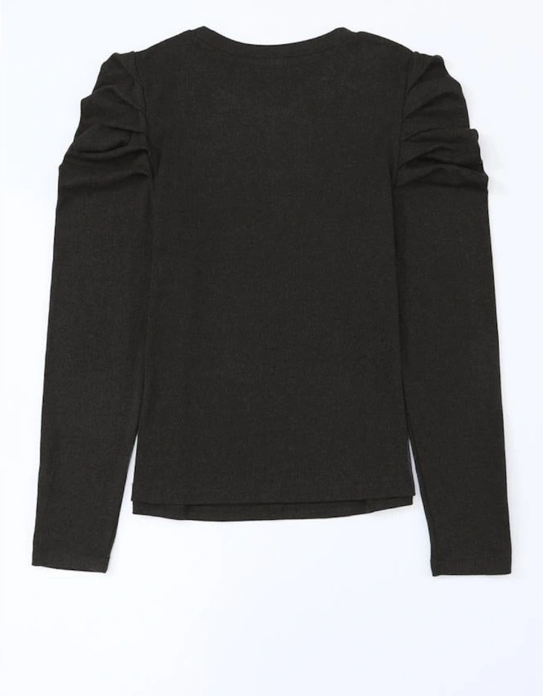 Black Buttoned Puff Long Sleeve Sheath Top