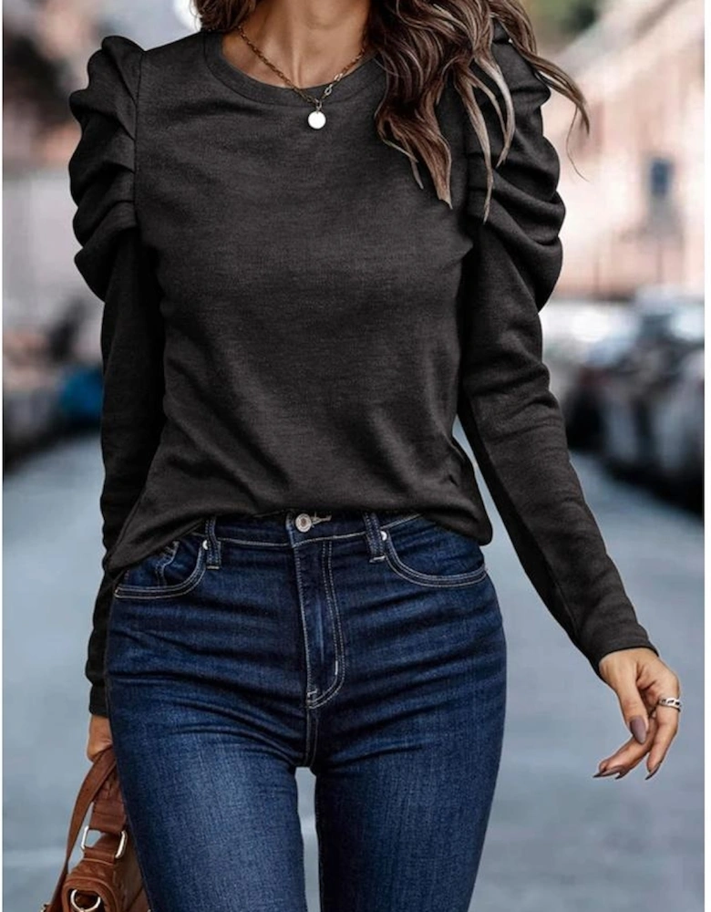 Black Buttoned Puff Long Sleeve Sheath Top