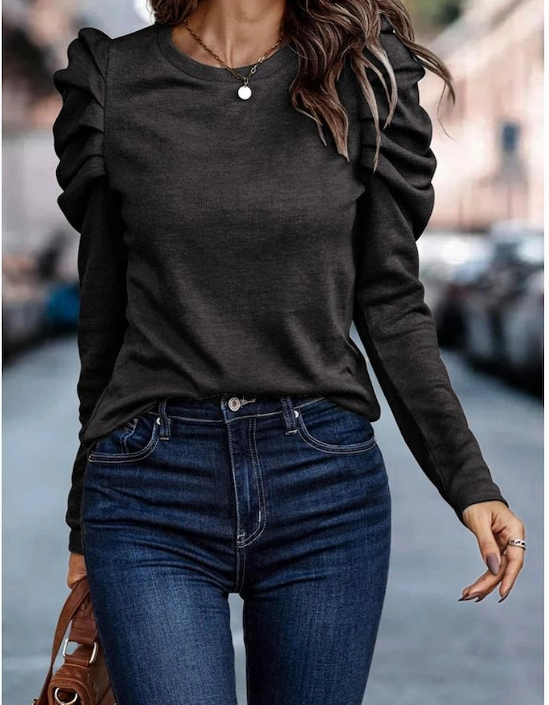 Black Buttoned Puff Long Sleeve Sheath Top