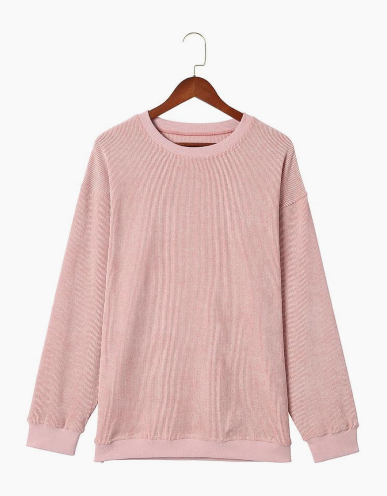 Pink Solid Ribbed Knit Round Neck Pullover Sweatshirt