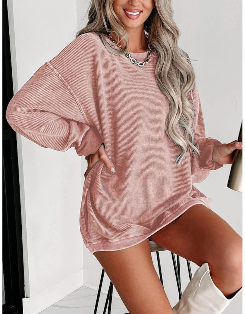 Pink Solid Ribbed Knit Round Neck Pullover Sweatshirt
