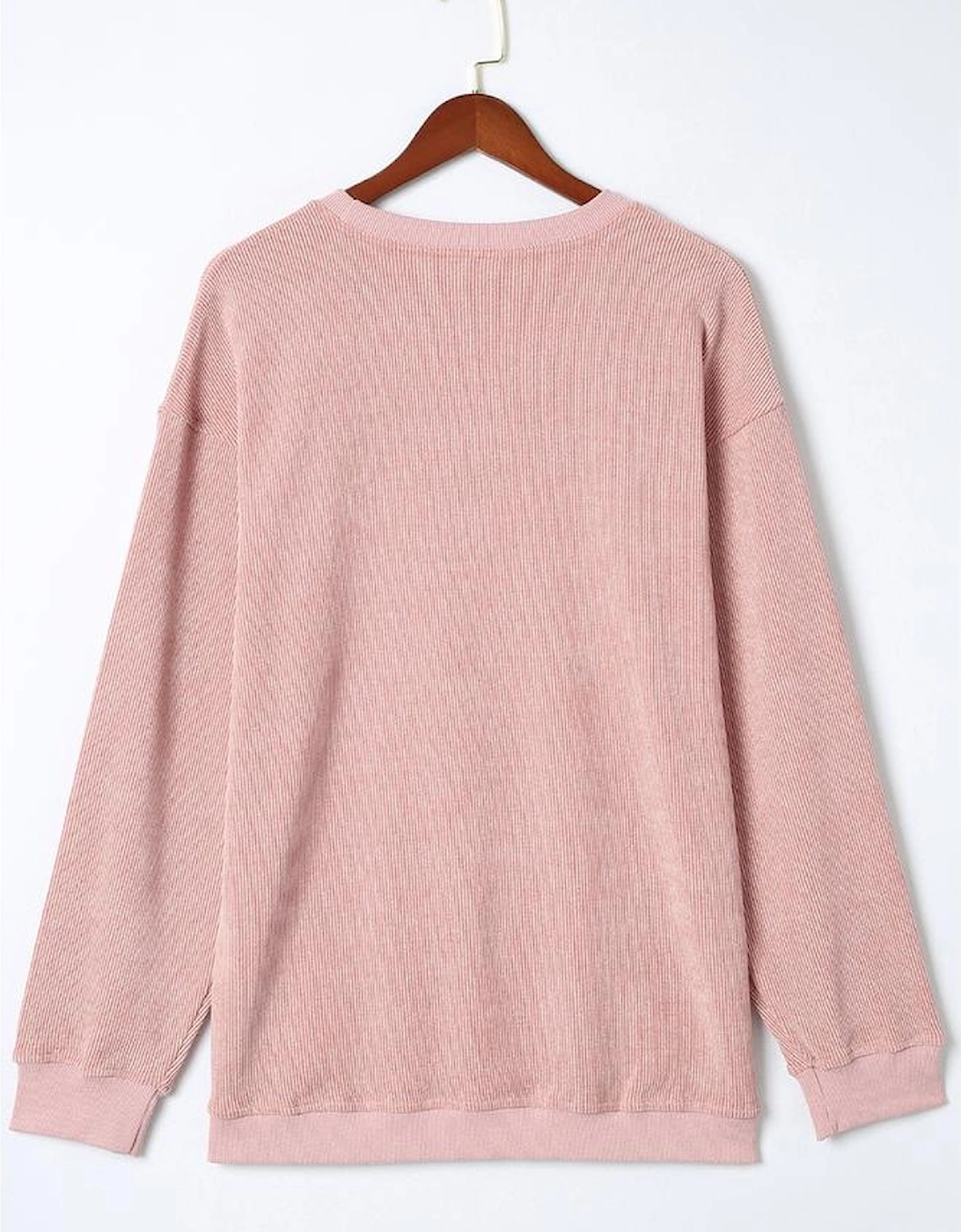 Pink Solid Ribbed Knit Round Neck Pullover Sweatshirt