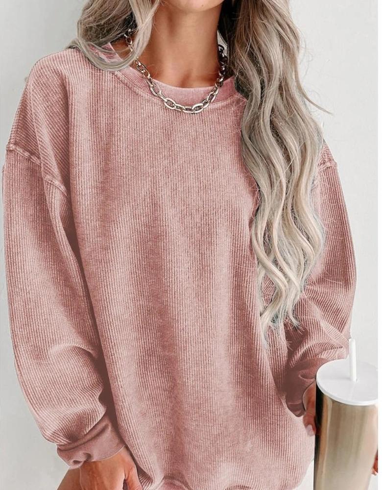 Pink Solid Ribbed Knit Round Neck Pullover Sweatshirt