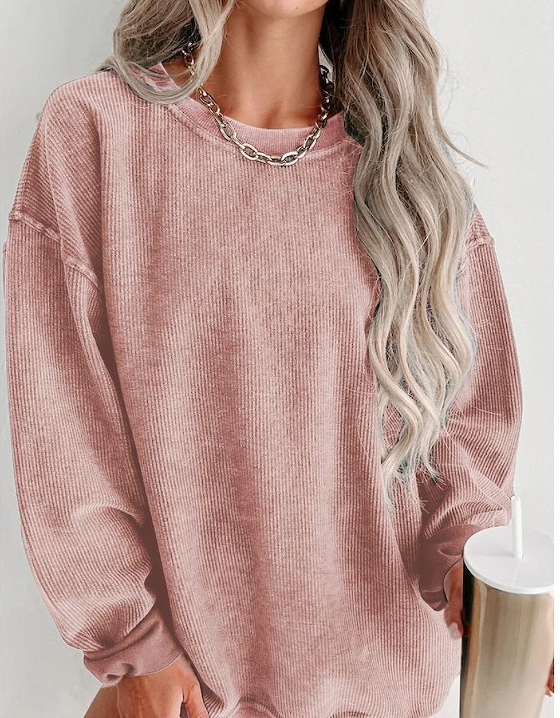 Pink Solid Ribbed Knit Round Neck Pullover Sweatshirt