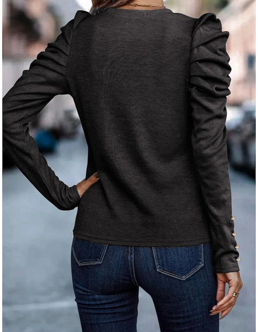 Black Buttoned Puff Long Sleeve Sheath Top