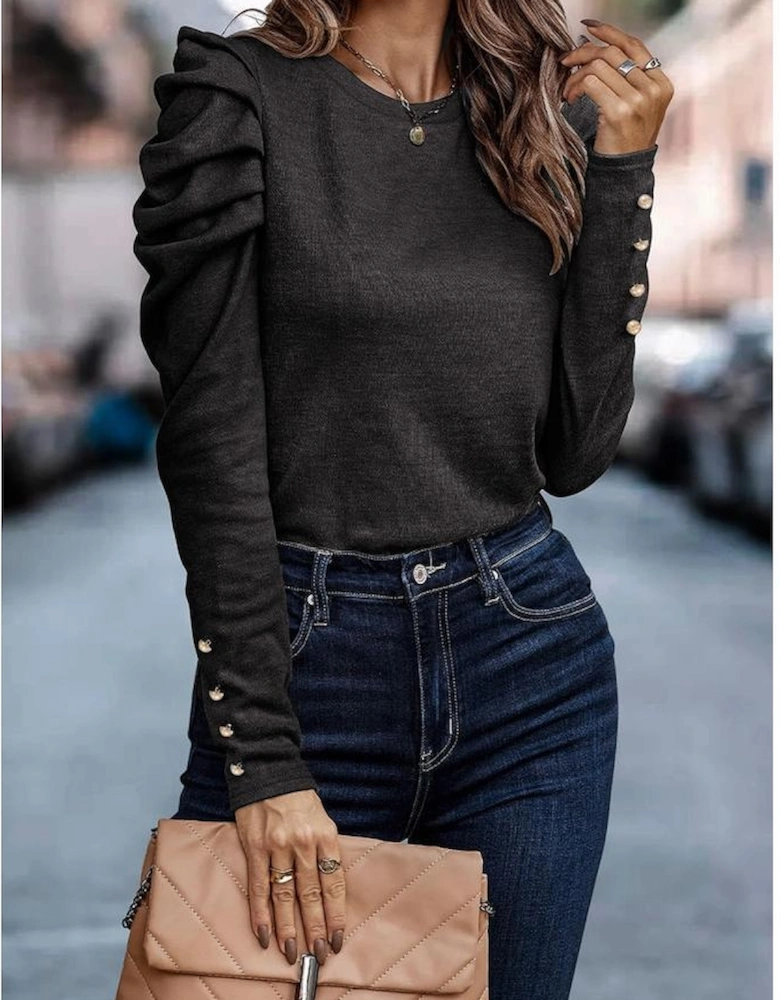 Black Buttoned Puff Long Sleeve Sheath Top