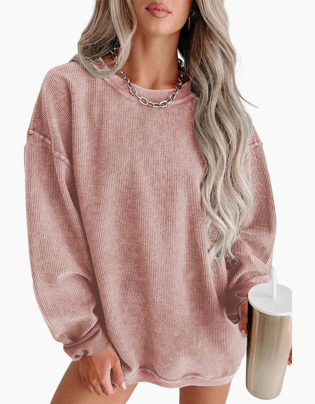 Pink Solid Ribbed Knit Round Neck Pullover Sweatshirt