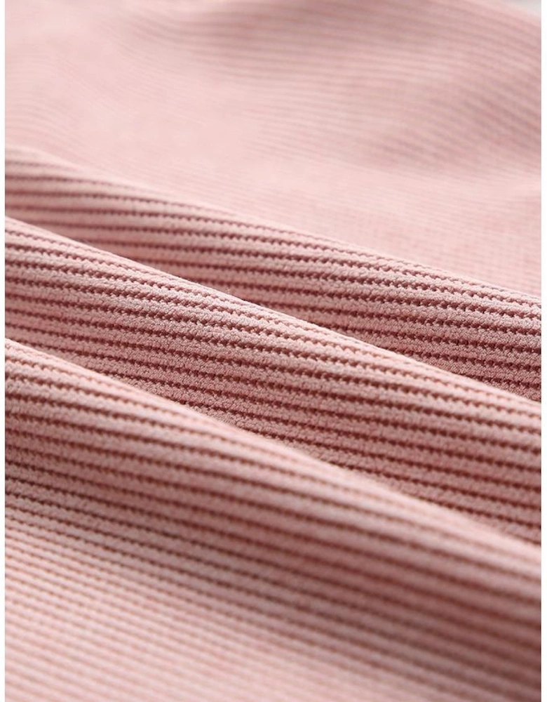 Pink Solid Ribbed Knit Round Neck Pullover Sweatshirt