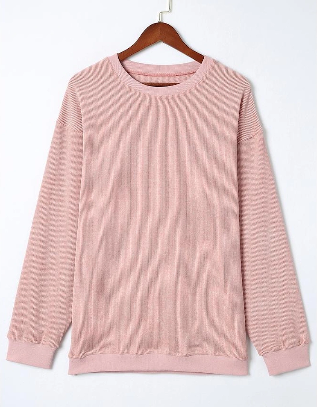 Pink Solid Ribbed Knit Round Neck Pullover Sweatshirt