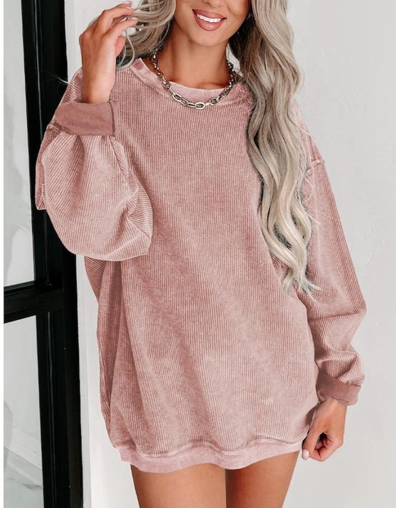 Pink Solid Ribbed Knit Round Neck Pullover Sweatshirt