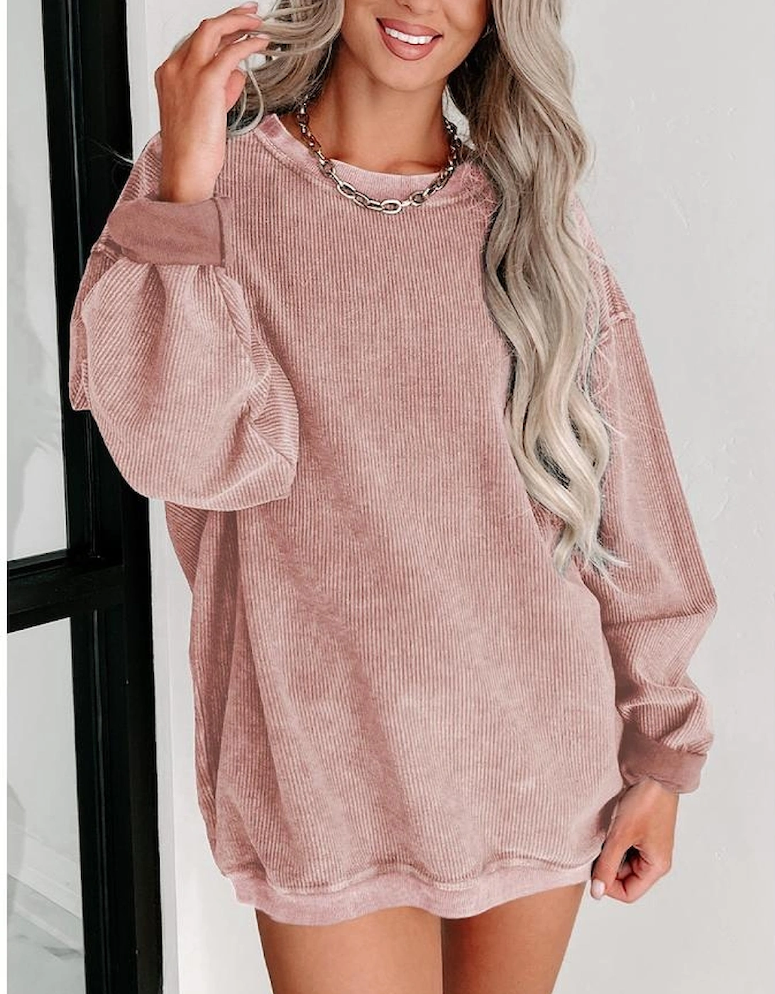 Pink Solid Ribbed Knit Round Neck Pullover Sweatshirt