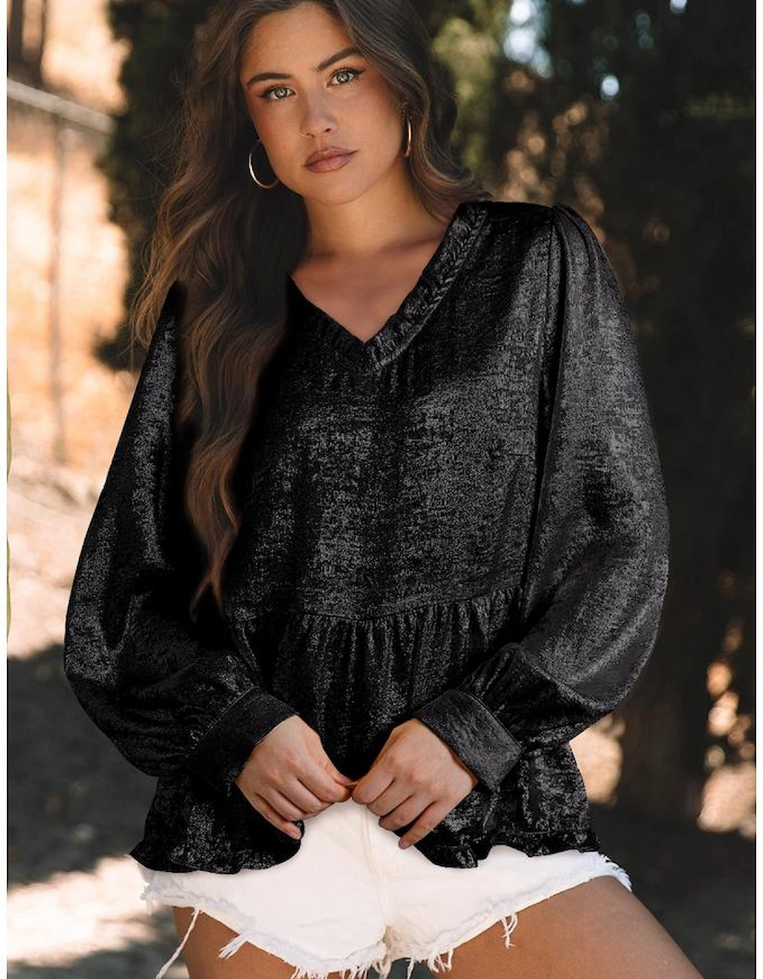 Black Metallic Frilled V Neck Puff Sleeve Babydoll Blouse, 4 of 3