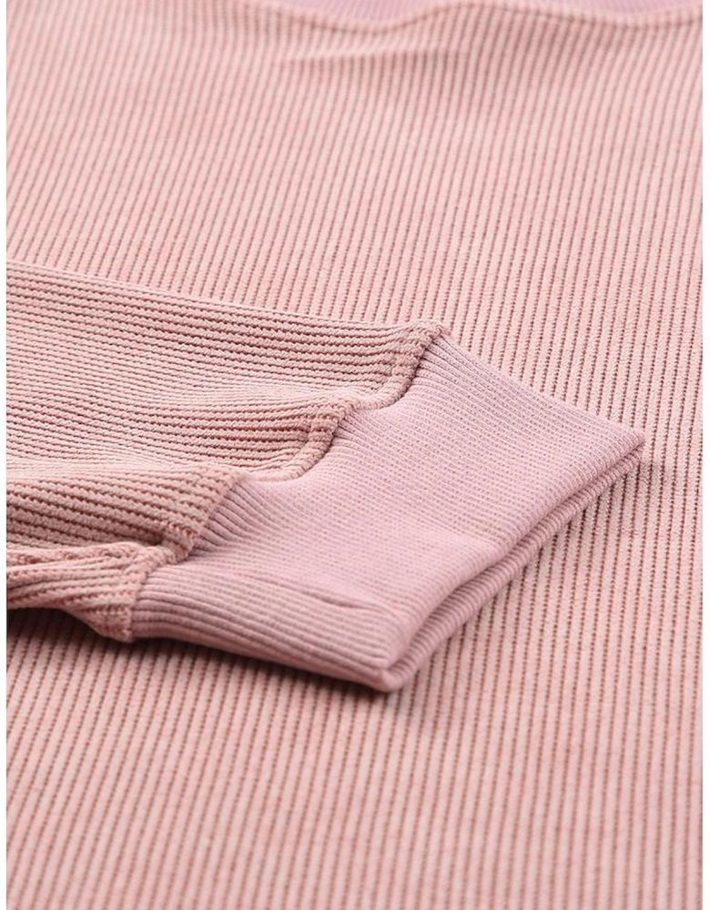 Pink Solid Ribbed Knit Round Neck Pullover Sweatshirt